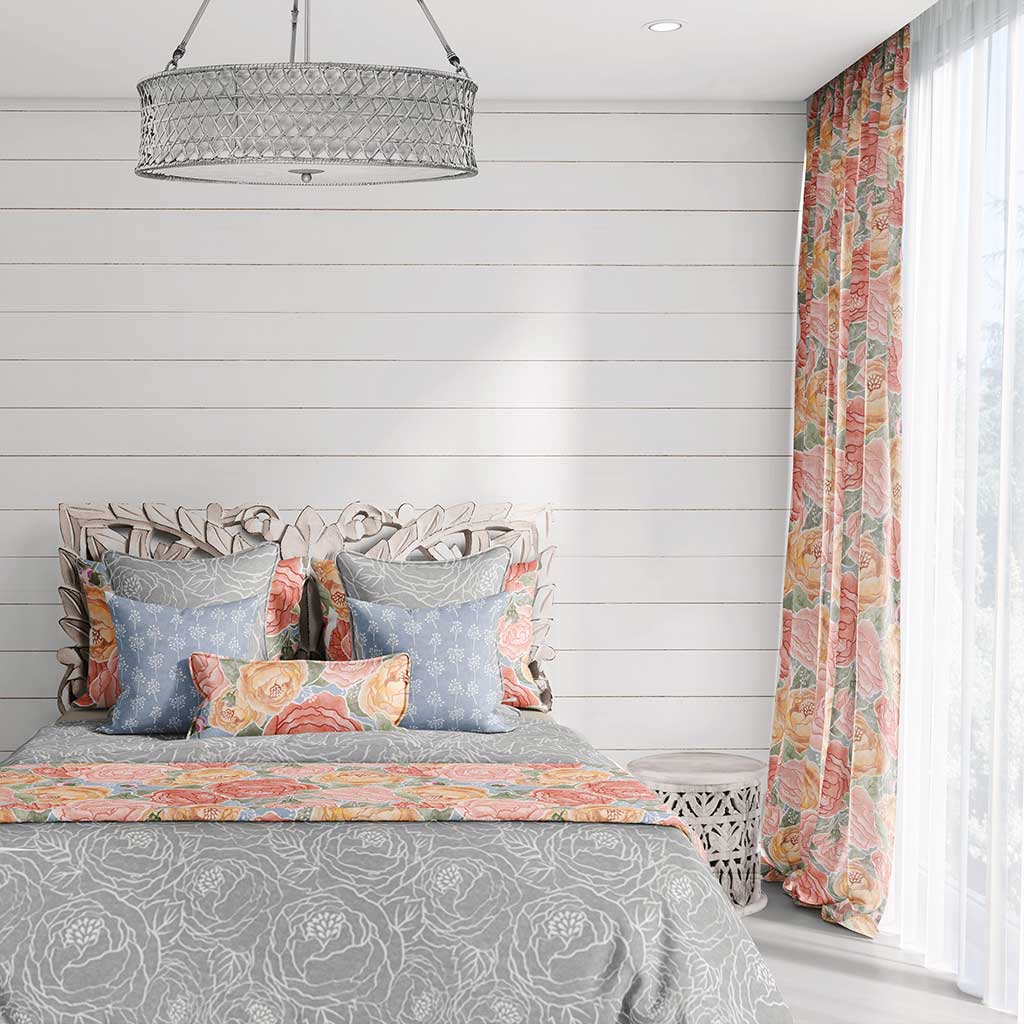Example of a room with hand painted peonies bursting over a gray watercolor texture curtains
