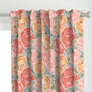 Top detail of the hand painted peonies bursting over a gray watercolor texture curtains