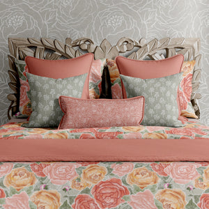 Close Up of Pretty in Peony Bedding Collection with Sage Background. Comes in Twin, Full/Queen, and King/Cal. King sizes