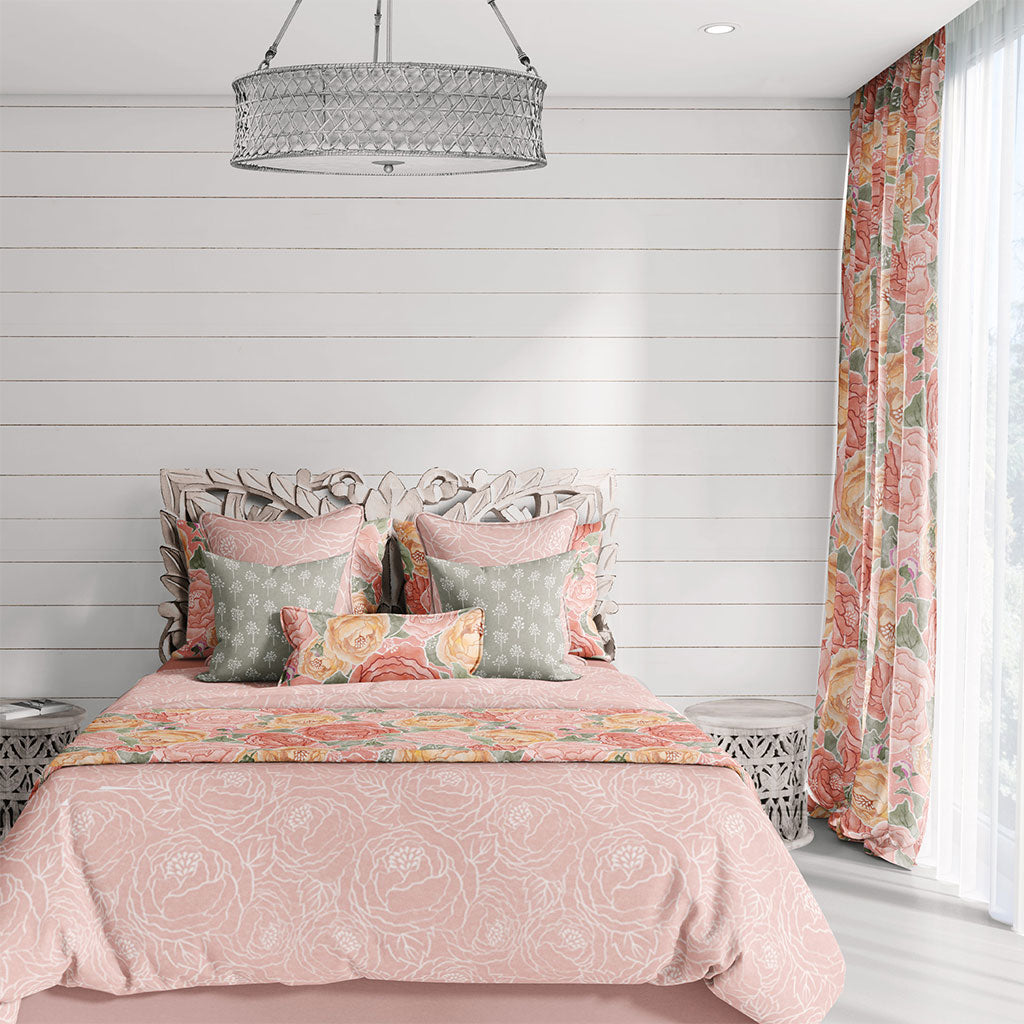 Example of a room with hand painted peonies bursting over a pink watercolor texture curtains. 