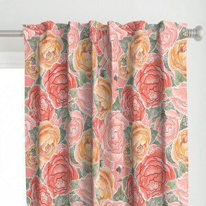 Top detail of the hand painted peonies bursting over a pink watercolor texture curtains