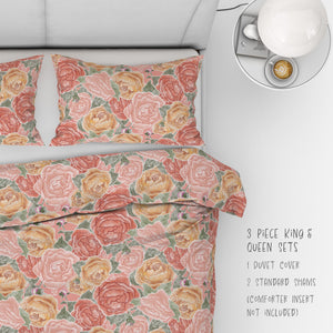 Pretty in Peony Bedding Collection with Sage Background. Buy a three piece set: 2 shams and duvet or as 6 piece set: 2 shams, duvet, 2 throw pillows, and 1 lumbar