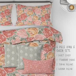 Pretty in Peony Bedding Collection with Sage Background. Buy a three piece set: 2 shams and duvet or as 6 piece set: 2 shams, duvet, 2 throw pillows, and 1 lumbar