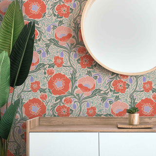 Red Poppy Pattern on Light Beige Peel & Stick or Pre-Pasted Removable Wallpaper.