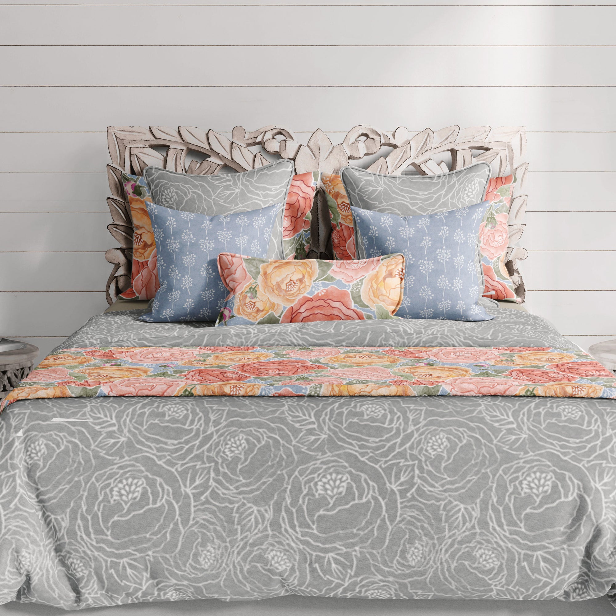 Pretty in Peony Line Art Gray Bedding Collection comes in Twin, Full/Queen, & King/Cal. King Sizes