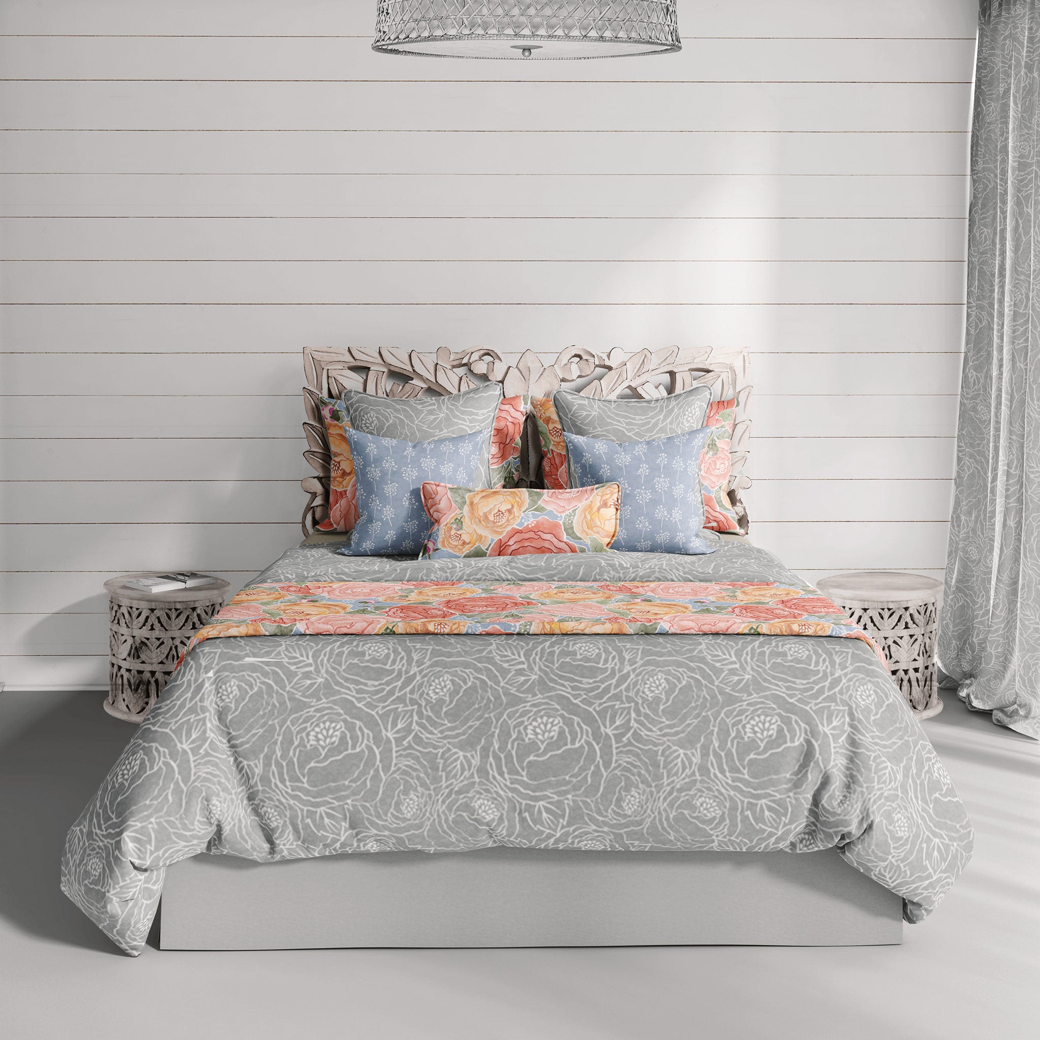 Pretty in Peony Line Art Gray Bedding Collection comes in Twin, Full/Queen, & King/Cal. King Sizes