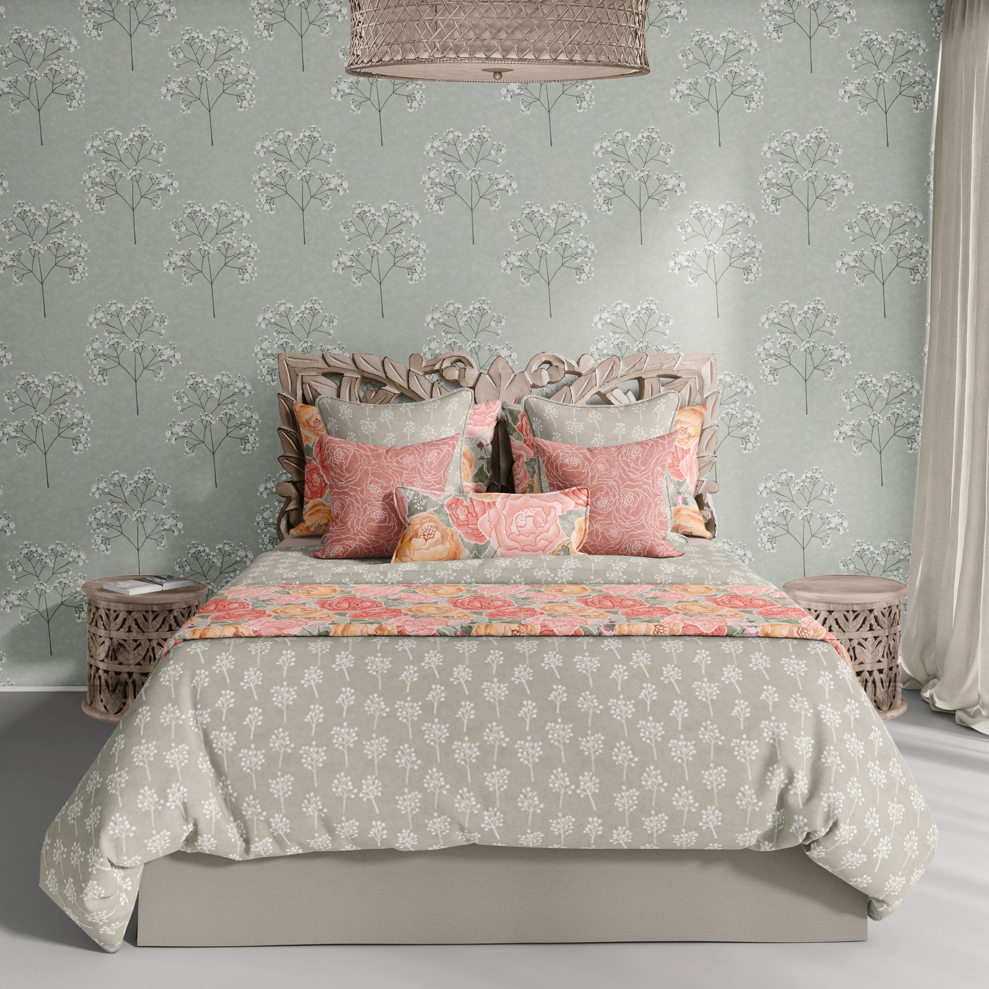 Pretty in Peony Baby’s Breath Sage Bedding Collection comes in Twin, Full/Queen, & King/Cal. King Sizes