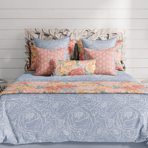 Pretty in Peony Line Art Blue Bedding Collection comes in Twin, Full/Queen, & King/Cal. King Sizes