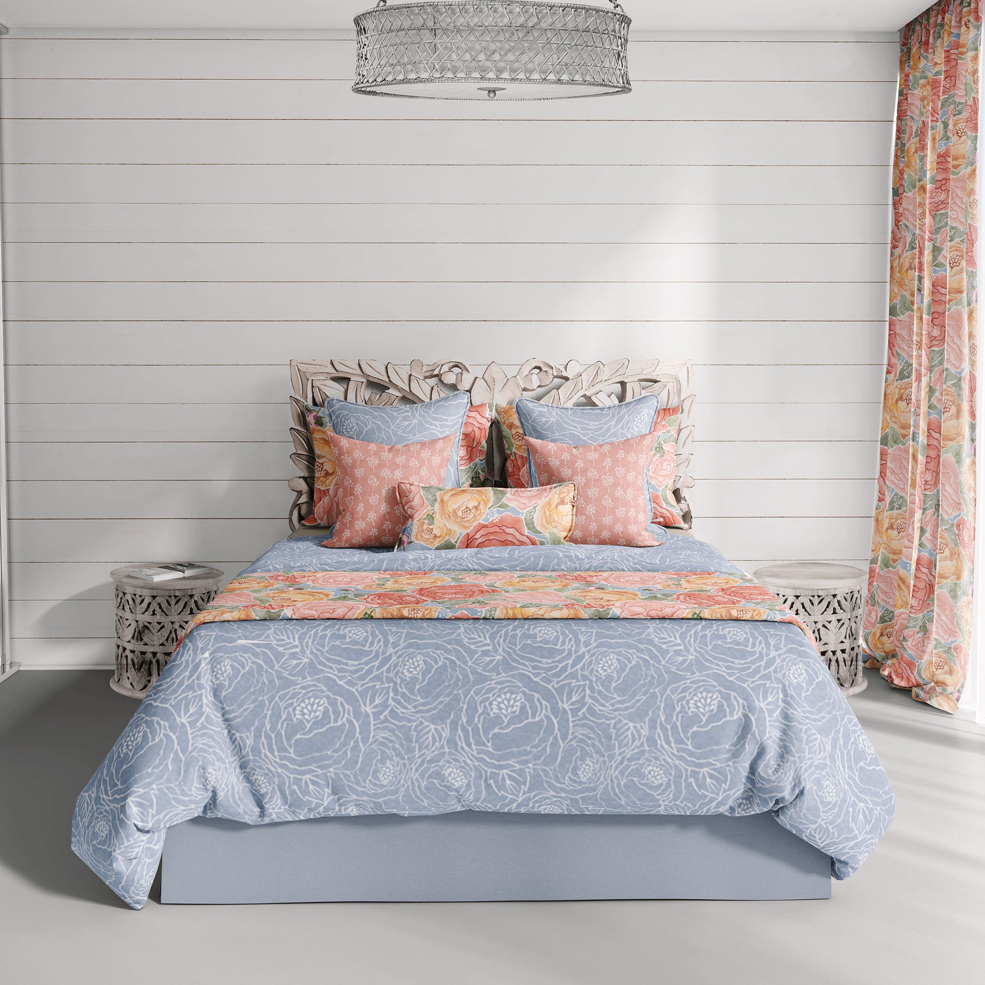 Pretty in Peony Line Art Blue Bedding Collection comes in Twin, Full/Queen, & King/Cal. King Sizes