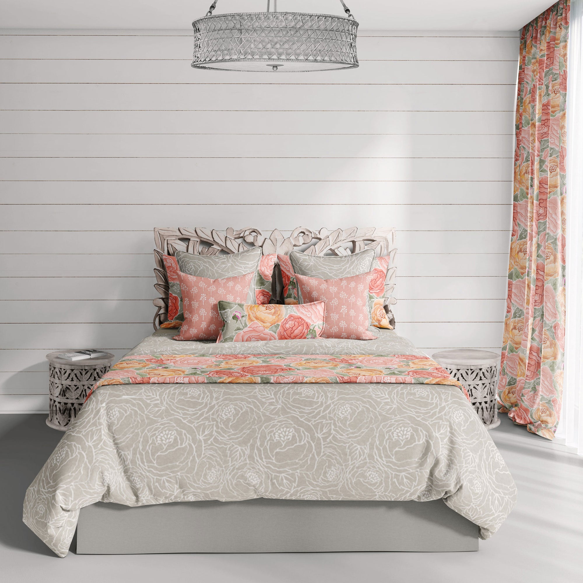 Pretty in Peony Line Art Sage Bedding Collection comes in Twin, Full/Queen, & King/Cal. King Sizes