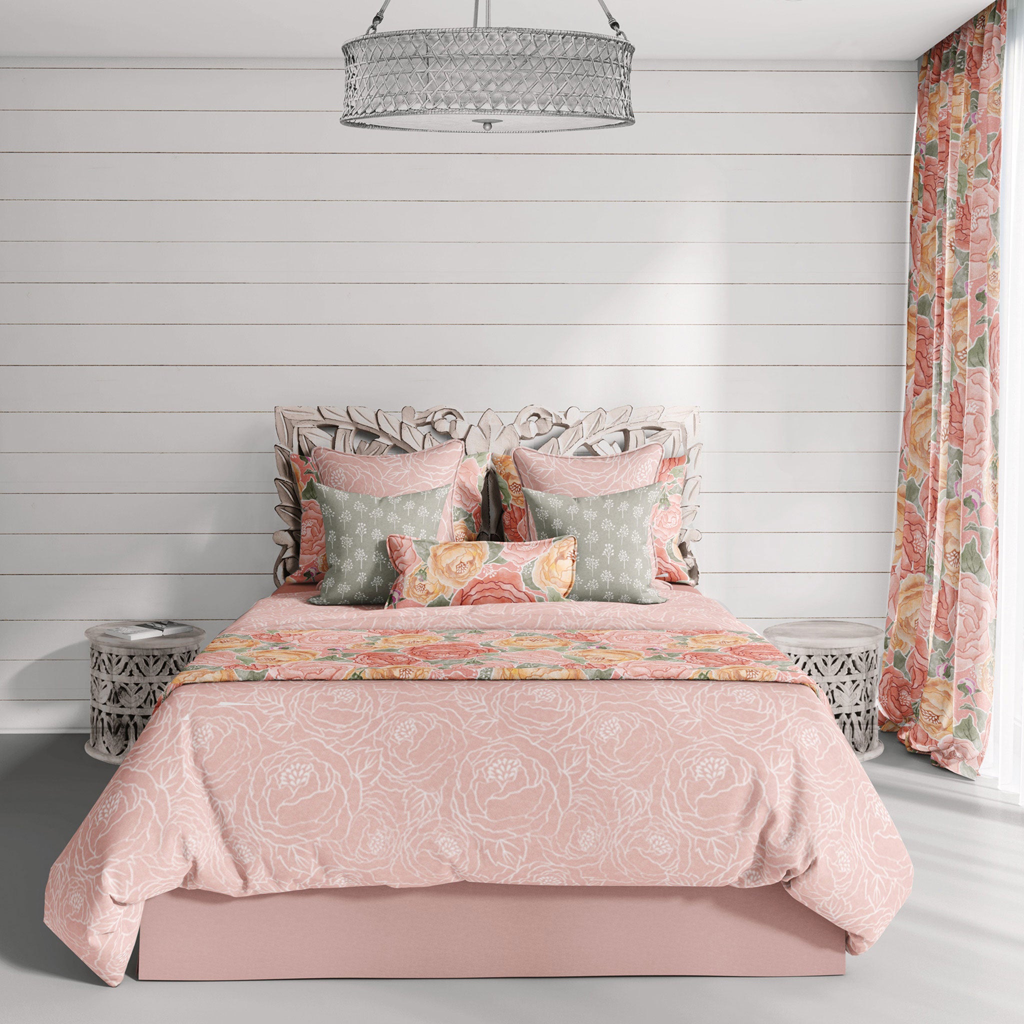 Pretty in Peony Line Art Pink Bedding Collection comes in Twin, Full/Queen, & King/Cal. King Sizes