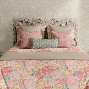 Close up of Pretty in Peony Bedding Collection with Amber Background. Comes in Twin, Full/Queen, and King/Cal. King sizes