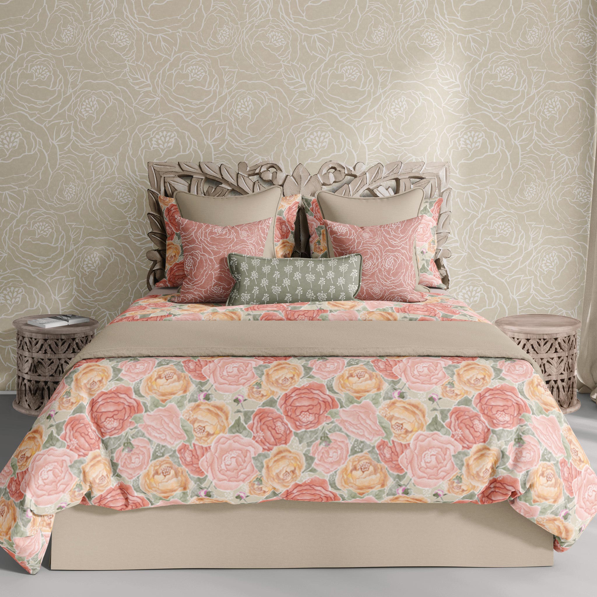 Pretty in Peony Bedding Collection with Amber Background. Comes in Twin, Full/Queen, and King/Cal. King sizes
