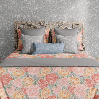 Close up of Pretty in Peony Bedding Collection with Gray Background. Comes in Twin, Full/Queen, and King/Cal. King sizes