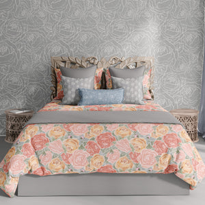 Pretty in Peony Bedding Collection with Gray Background. Comes in Twin, Full/Queen, and King/Cal. King sizes