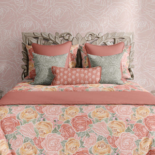 Close up of Pretty in Peony Bedding Collection with Pink Background. Comes in Twin, Full/Queen, and King/Cal. King sizes