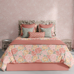 Pretty in Peony Bedding Collection with Pink Background. Comes in Twin, Full/Queen, and King/Cal. King sizes