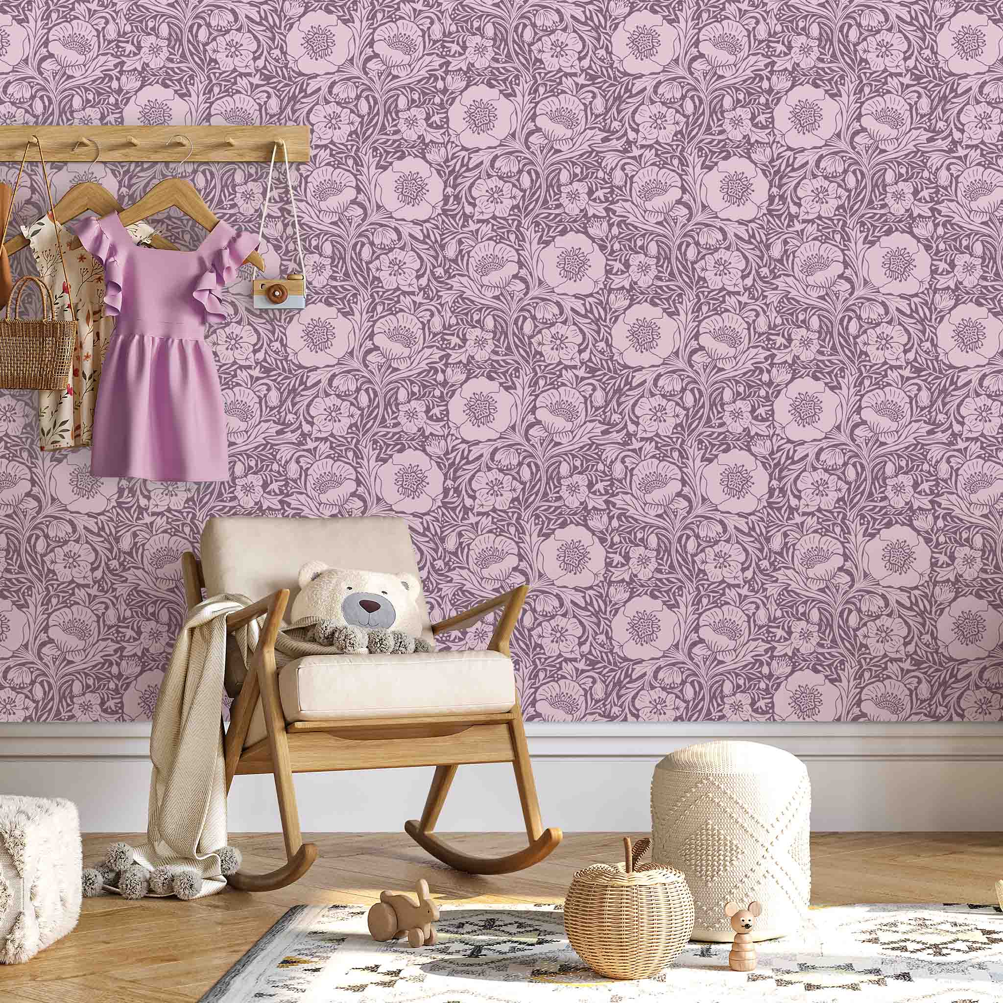 Purple Poppy Pattern Pre-Pasted Removable Wallpaper in a Child's Room