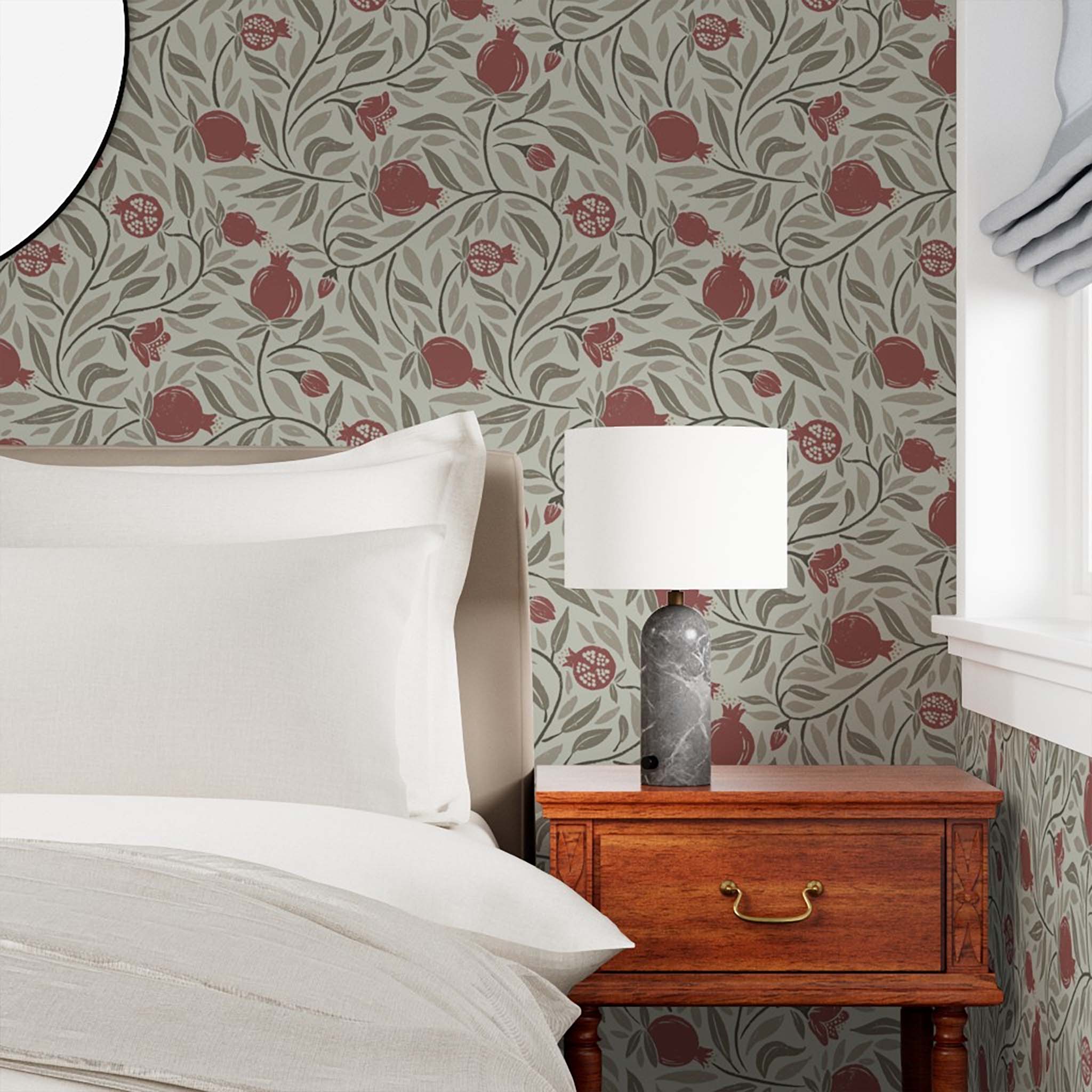 Red on Mocha Woodcut Pomegranate Fruit Wallpaper creates a soothing and subtle vibe in a bedroom