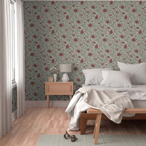 Red on Mocha Woodcut Pomegranate Fruit Wallpaper works well in a large space