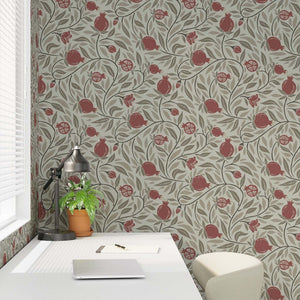 Detail of Red on Mocha Woodcut Pomegranate Fruit Wallpaper