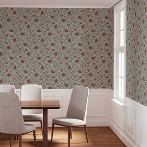 Red on Mocha Woodcut Pomegranate Fruit Wallpaper creates an upscale statement in a dining room