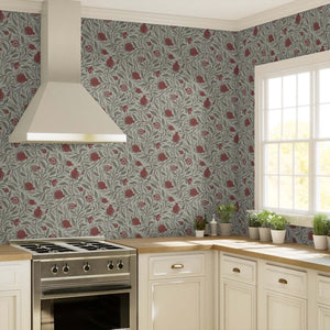 Red on Mocha Woodcut Pomegranate Fruit Wallpaper is an elegant solution in a kitchen update