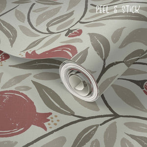 Red on Mocha Woodcut Pomegranate Fruit Wallpaper comes in Peel & Stick removable wallpaper