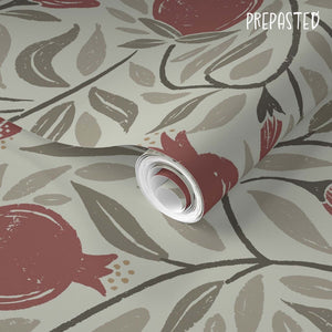 Red on Mocha Woodcut Pomegranate Fruit Wallpaper comes in Pre-pasted removable wallpaper