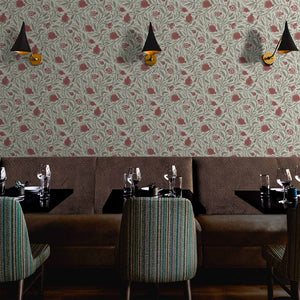Red on Mocha Woodcut Pomegranate Fruit Wallpaper is striking in any application
