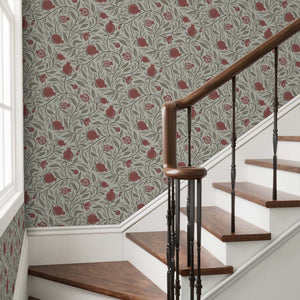 Red on Mocha Woodcut Pomegranate Fruit Wallpaper durable and striking on a stairway