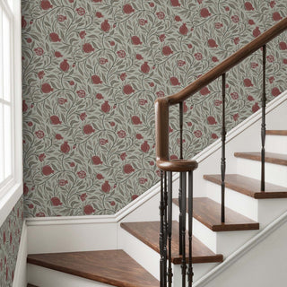 Red on Mocha Woodcut Pomegranate Fruit Wallpaper durable and striking on a stairway