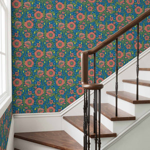 Red Poppy Wallpaper on Blue - Prepasted or Peel & Stick for a large wall treatement