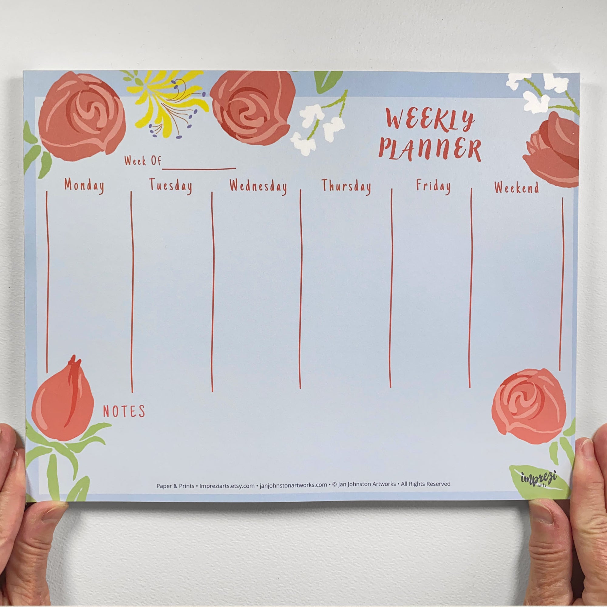 Weekly Roses Planner for Home or Office - Red Roses Design Weekly Organizer - Jan ...