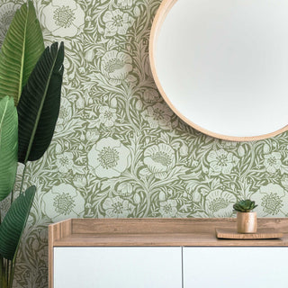 Sage Green Poppy Pattern Peel & Stick or Pre-Pasted Removable Wallpaper.