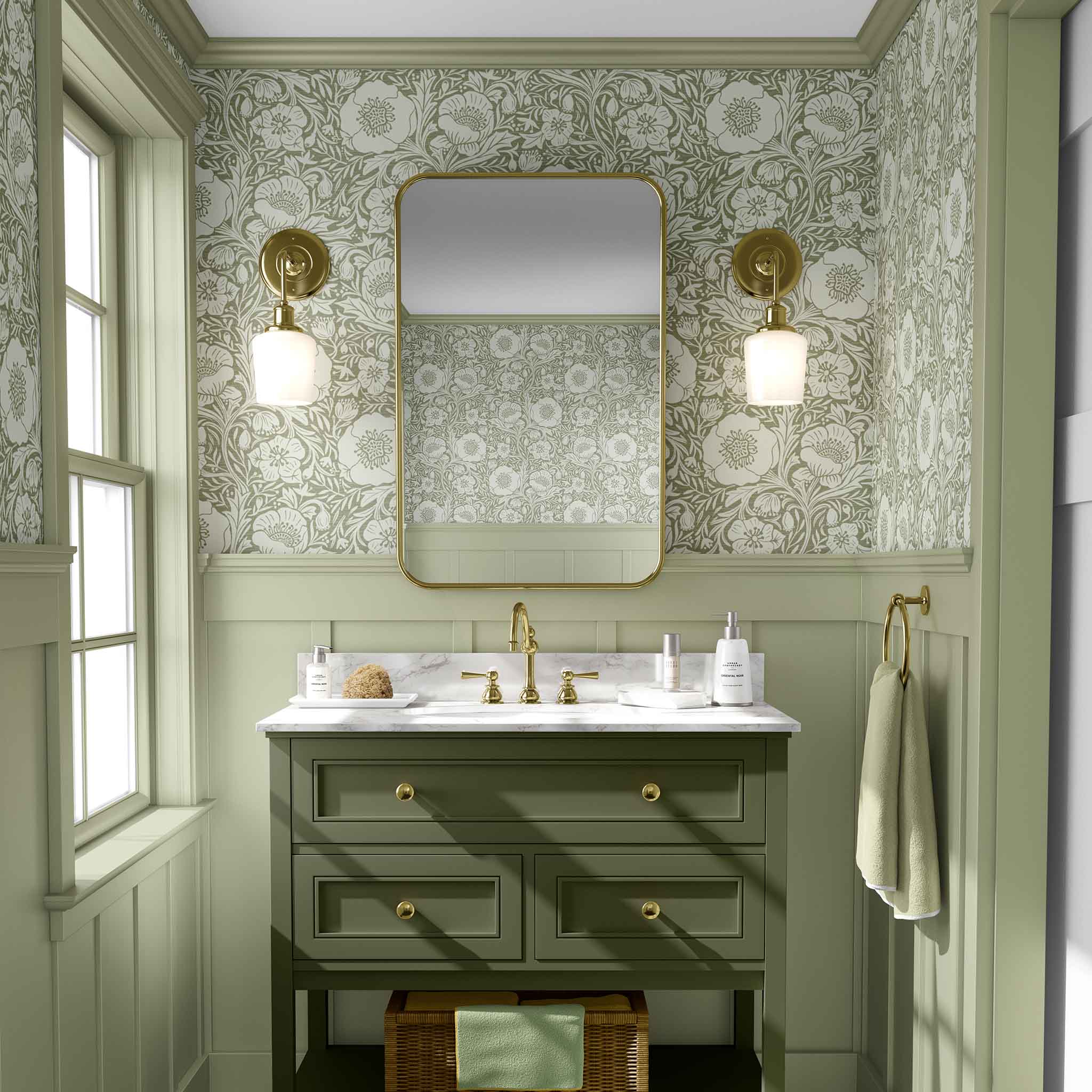 Sage Green Poppy Pattern Pre-Pasted Removable Wallpaper is the best choice for a bathroom