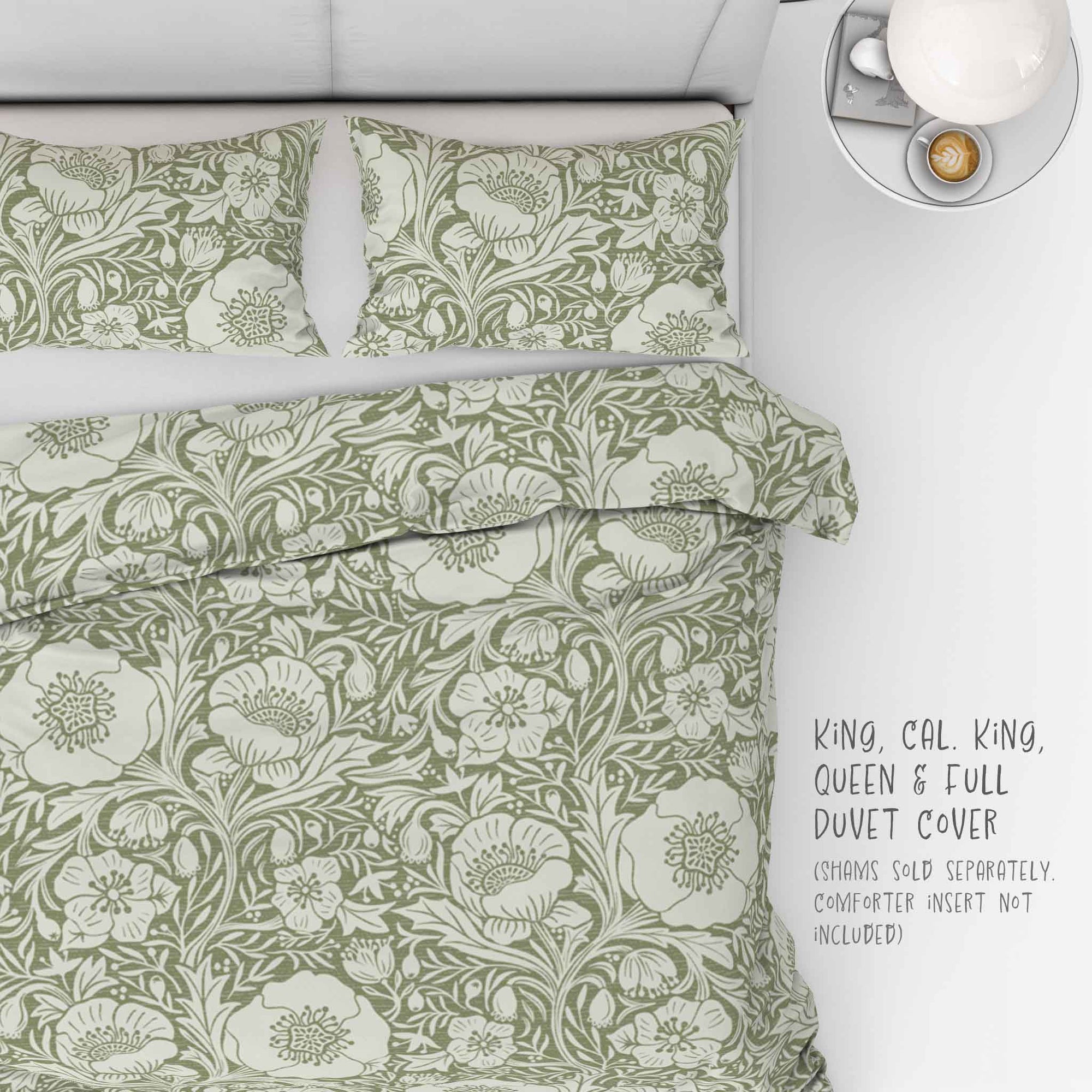 Poppies on sage background 100% Cotton Duvet Cover: King, Cal King, Queen and Full sizes.