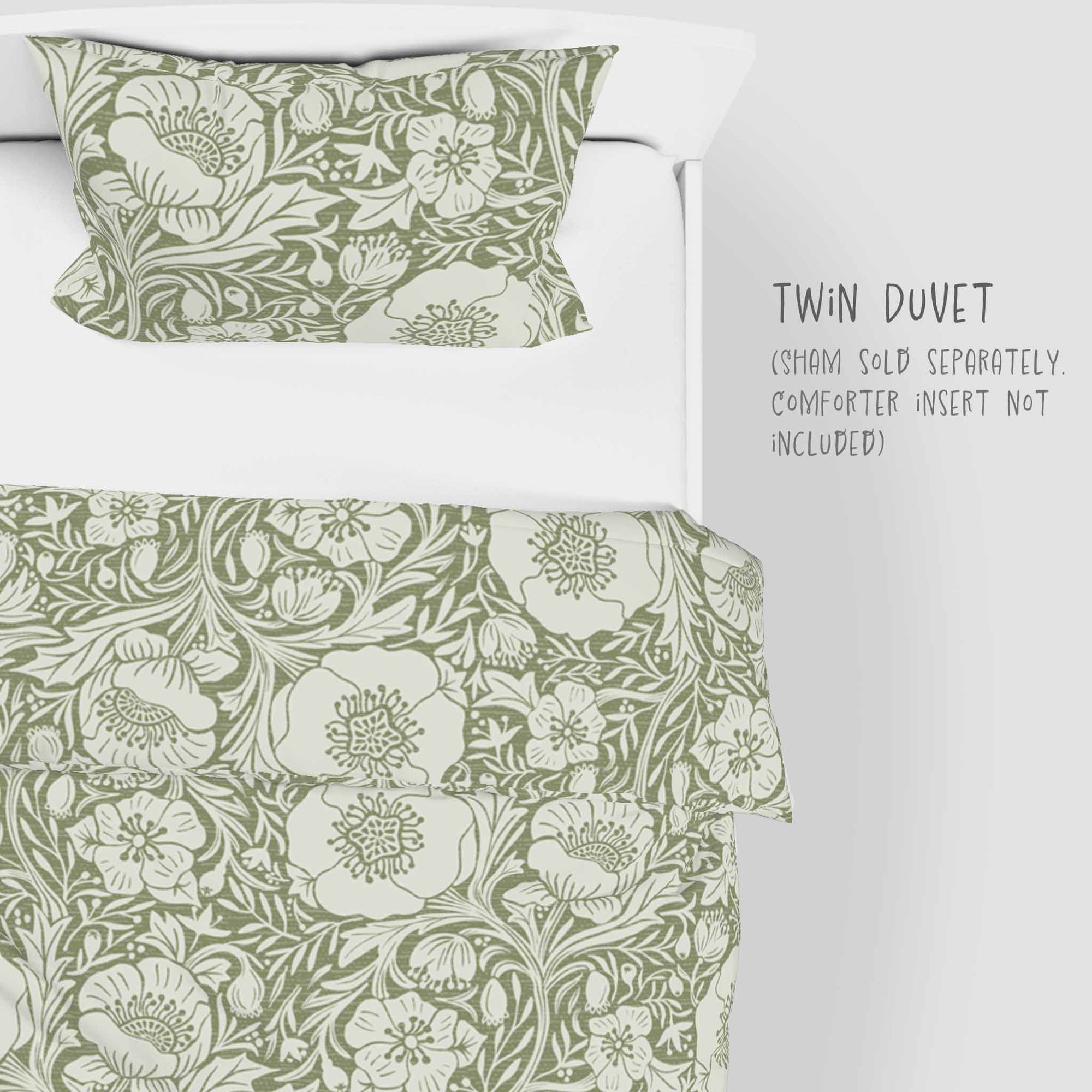 Poppies on sage background 100% Cotton Duvet Cover: Twin and Twin XL sizes.