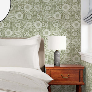 Sage Poppy wallpaper in a bedroom