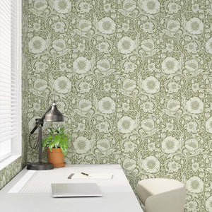 Sage poppy wallpaper in a desk nook