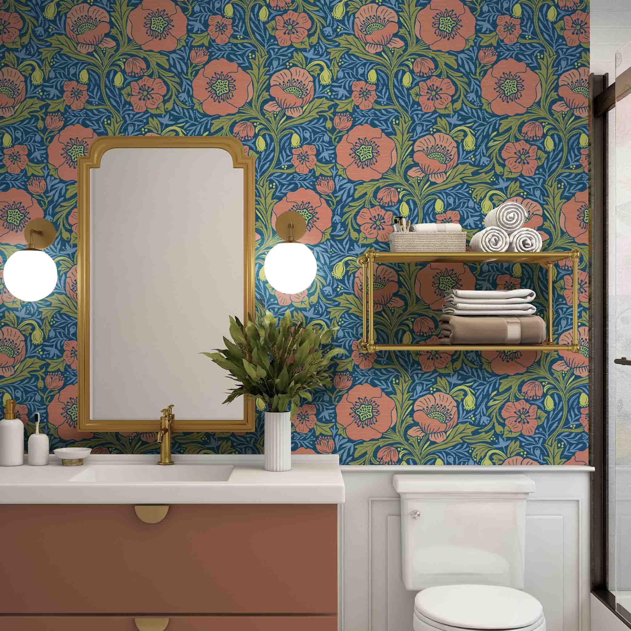 Red Poppy Pattern Pre-Pasted Removable Wallpaper. A better choice for a bathroom.