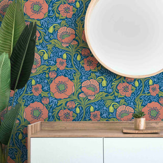 Red Poppy Pattern Peel & Stick or Pre-Pasted Removable Wallpaper.