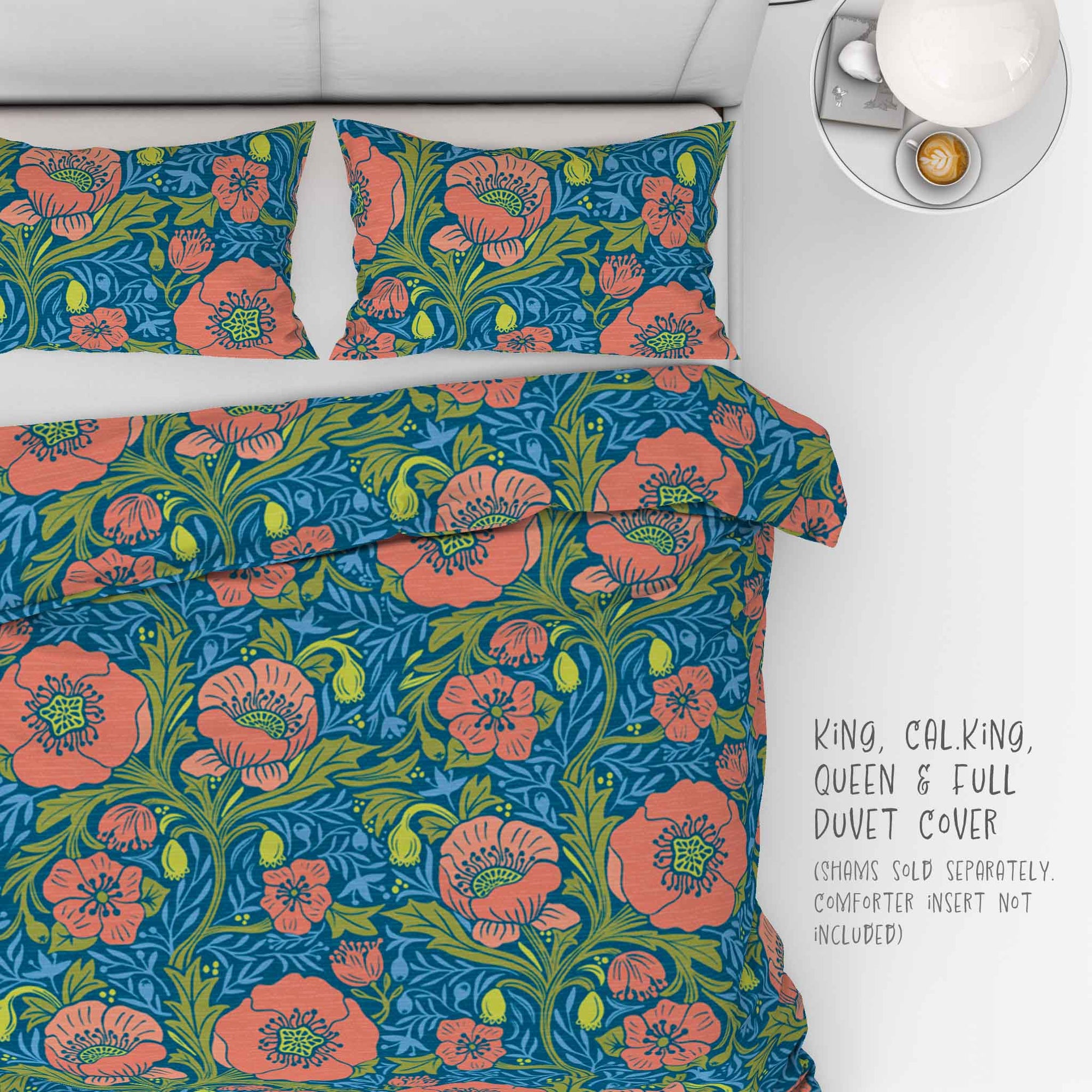 Springtime Poppies on teal background 100% Cotton Duvet Cover: King, Cal King, Queen and Full sizes.
