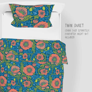 Springtime Poppies on teal background 100% Cotton Duvet Cover: Twin and Twin XL sizes.