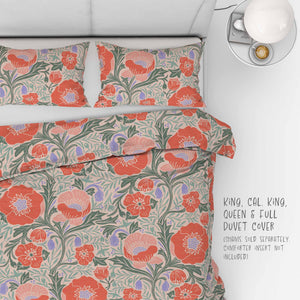 Summer Poppies on peach background 100% Cotton Duvet Cover: King, Cal King, Queen and Full sizes.