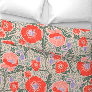 Summer Poppies on peach background 100% Cotton Duvet Cover detail pattern