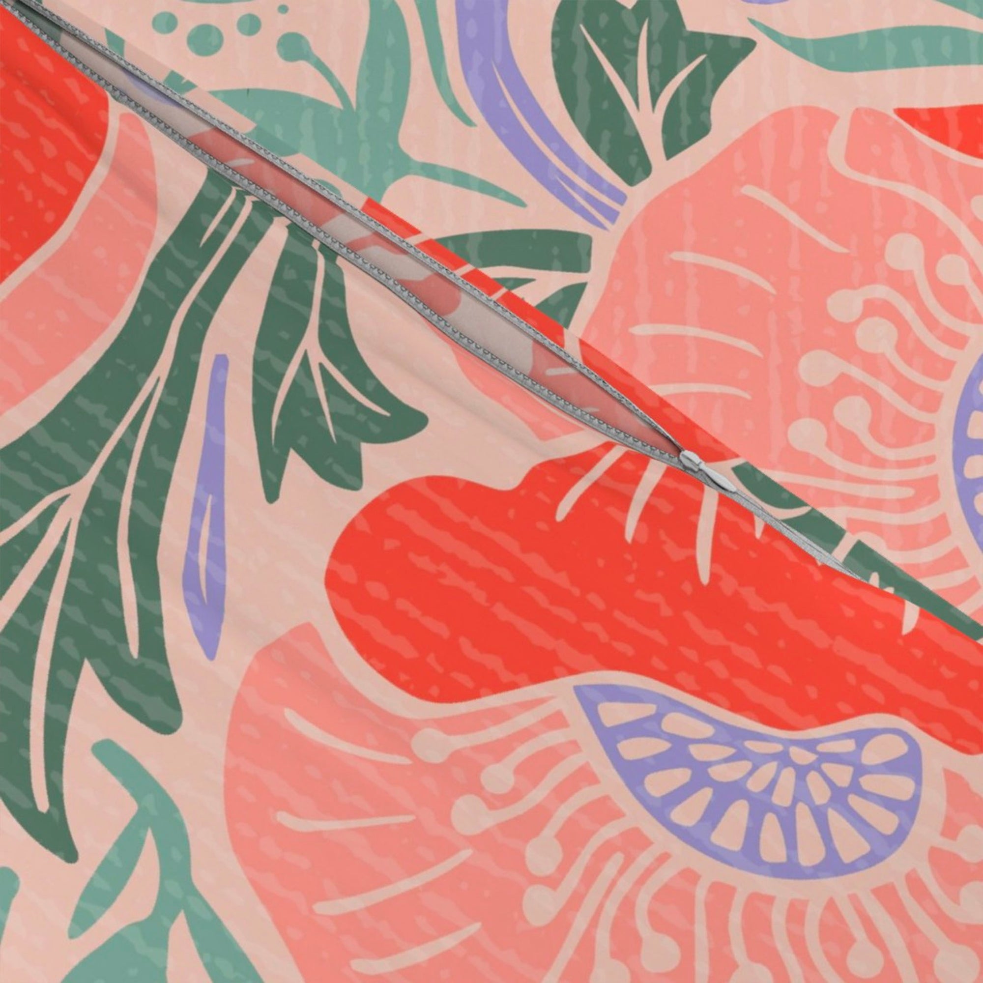 Summer Poppies on peach background zipper closure detail