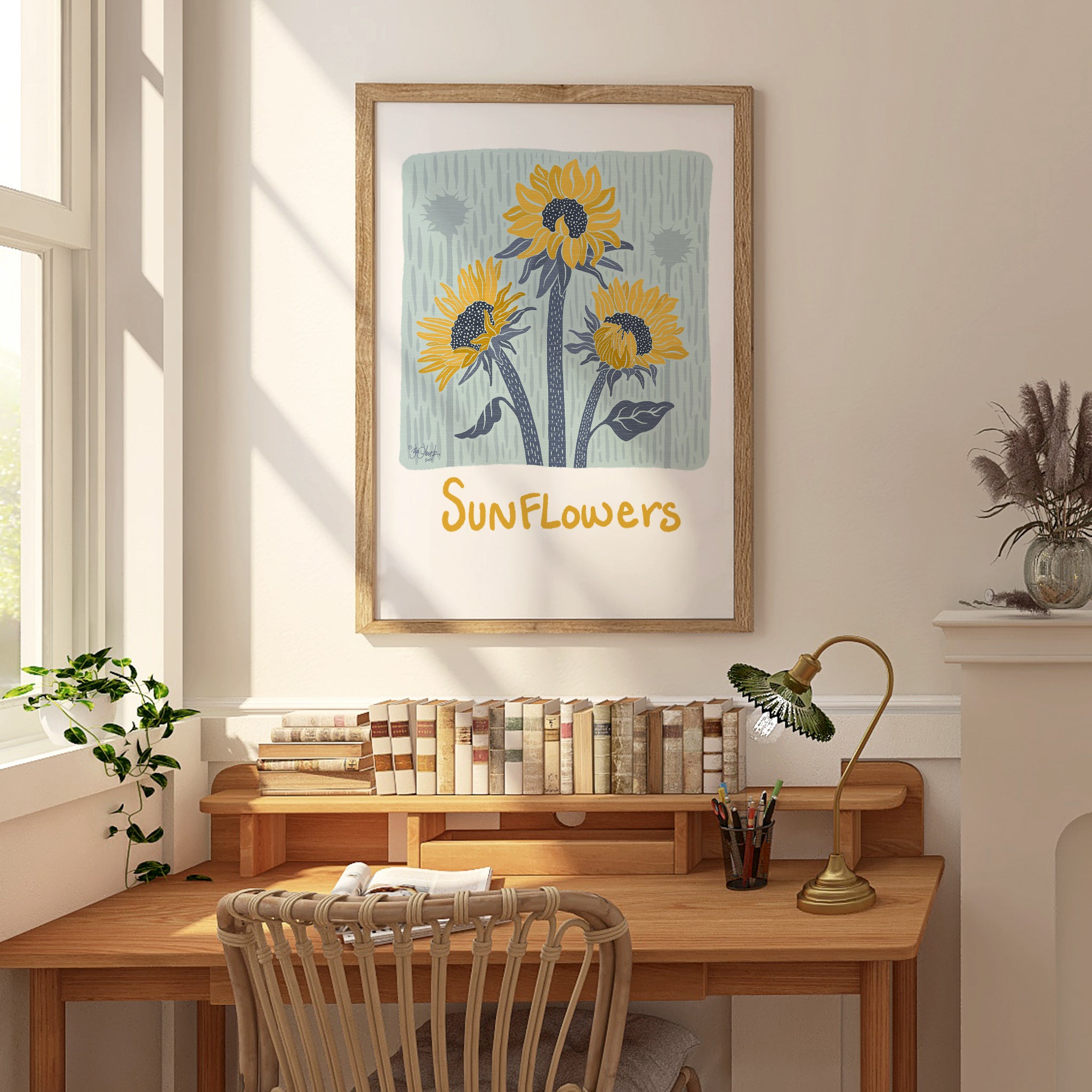 Sunny Sunflowers Print Framed Example - All art is unframed