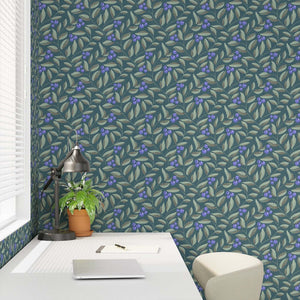 Winding blueberries and leaves on a dark teal background. An elegant and fresh design for that extra "pop" in any room.
