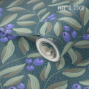 Winding blueberries and leaves on a dark teal background Peel & Stick for easy install